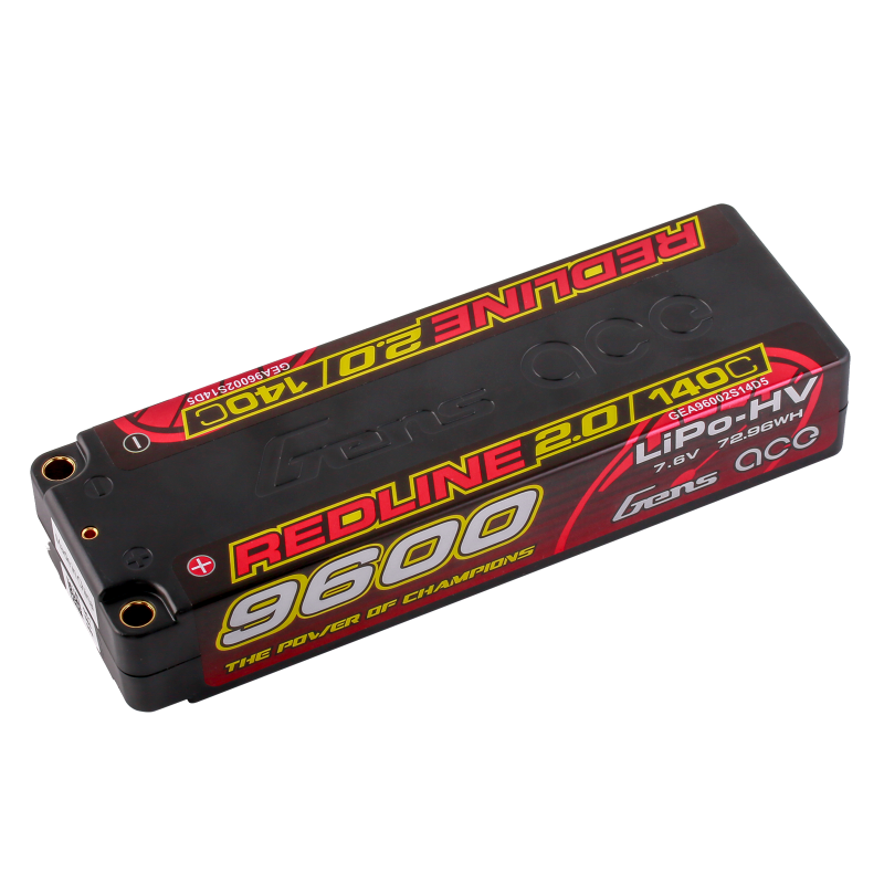 Gens Ace GA9600-2S140-RL2.0 Gens Ace Redline 2.0 9600mAh 2S 7.6V  140C HardCase 58# HV Lipo Battery with 5.0mm bullet 324g 139x47x25mm