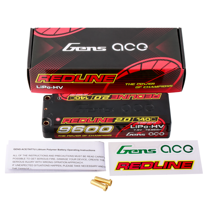 Gens Ace GA9600-2S140-RL2.0 Gens Ace Redline 2.0 9600mAh 2S 7.6V  140C HardCase 58# HV Lipo Battery with 5.0mm bullet 324g 139x47x25mm