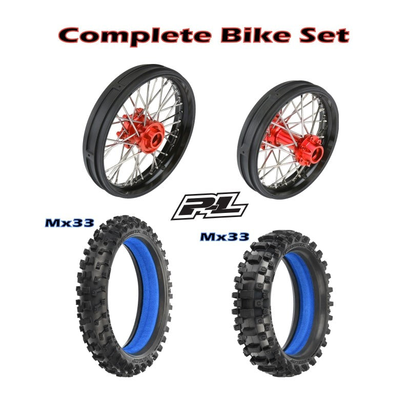 Proline PRO283600T2+PRO283700T2+PRO1022901+PRO1023001 1/4 Pro-Spec Aluminum V2 Bead Complete Bike F/R Wheel/MX33 Tire Combo Set Unmounted Black/Red: Promoto-MX