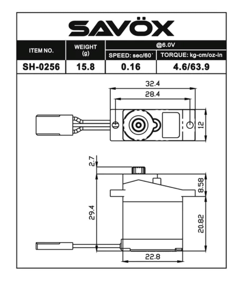 Savox SH-0256P Micro size 4.6kg/cm 0.16sec @ 6v Digital Servo with Soft Start 15.8g 22.8x12.0x29.4mm