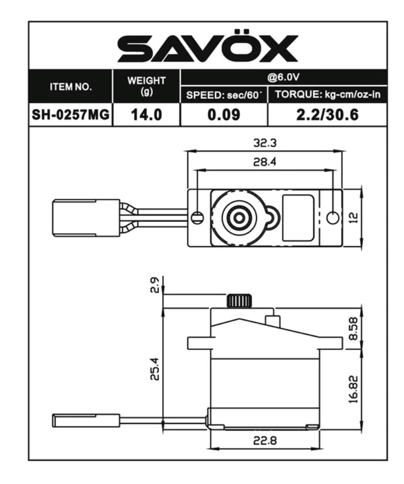 Savox SH-0257MGP Micro size 2.2kg/cm 0.09sec @ 6v Digital Servo with Soft Start 13.6g 22.8x12x25.4mm.
