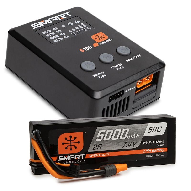 Spektrum SPMX-1031 Smart Powerstage Surface Bundle: 5000mAh 2S 50C LiPo Battery (IC3) / 100W S100 Charger
