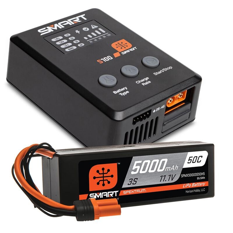Spektrum SPMX-1034 Smart Powerstage Surface Bundle: 5000mAh 3S 50C LiPo Battery (IC5) / 100W S100 Charger