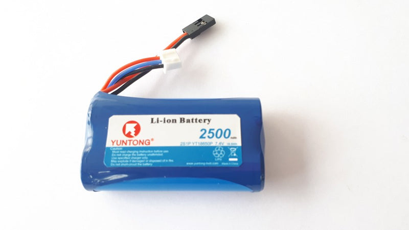Yuntong YT25002S-JR 2S 7.4V 2500mAh Li-Ion 18650 cell Rx pack w/JR Plug HD 50mm lead XH balance. Suitable for all HV Aircraft/Car applications and LOSI 8IGHT-X 2.0 & XT 70x19x37mm 95g.