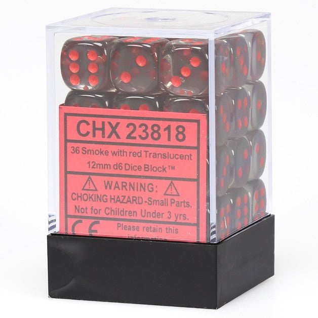 Chessex 23818 Translucent 12mm d6 Smoke/red Dice Block (36 dice) (9003713462509)