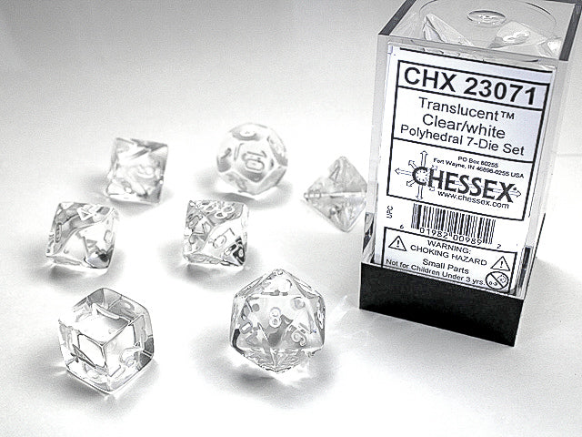 Chessex 23071 Translucent Polyhedral Clear/white 7-Die Set (9003706876141)