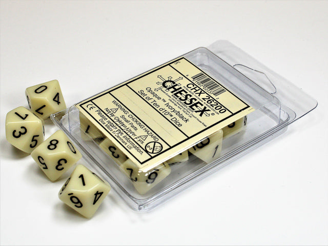 Chessex 26200 Opaque Ivory/black Set of Ten d10s (9003723620589)