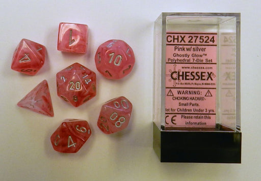 Chessex 27524 Ghostly Glow Polyhedral Pink/silver 7-Die Set (9003735777517)