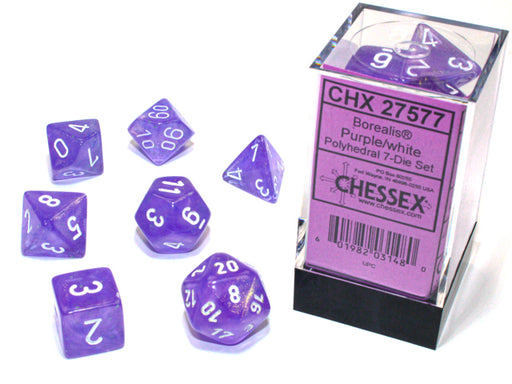 Chessex 27577 Borealis Polyhedral Purple/white Luminary 7-Die Set (9004784746733)