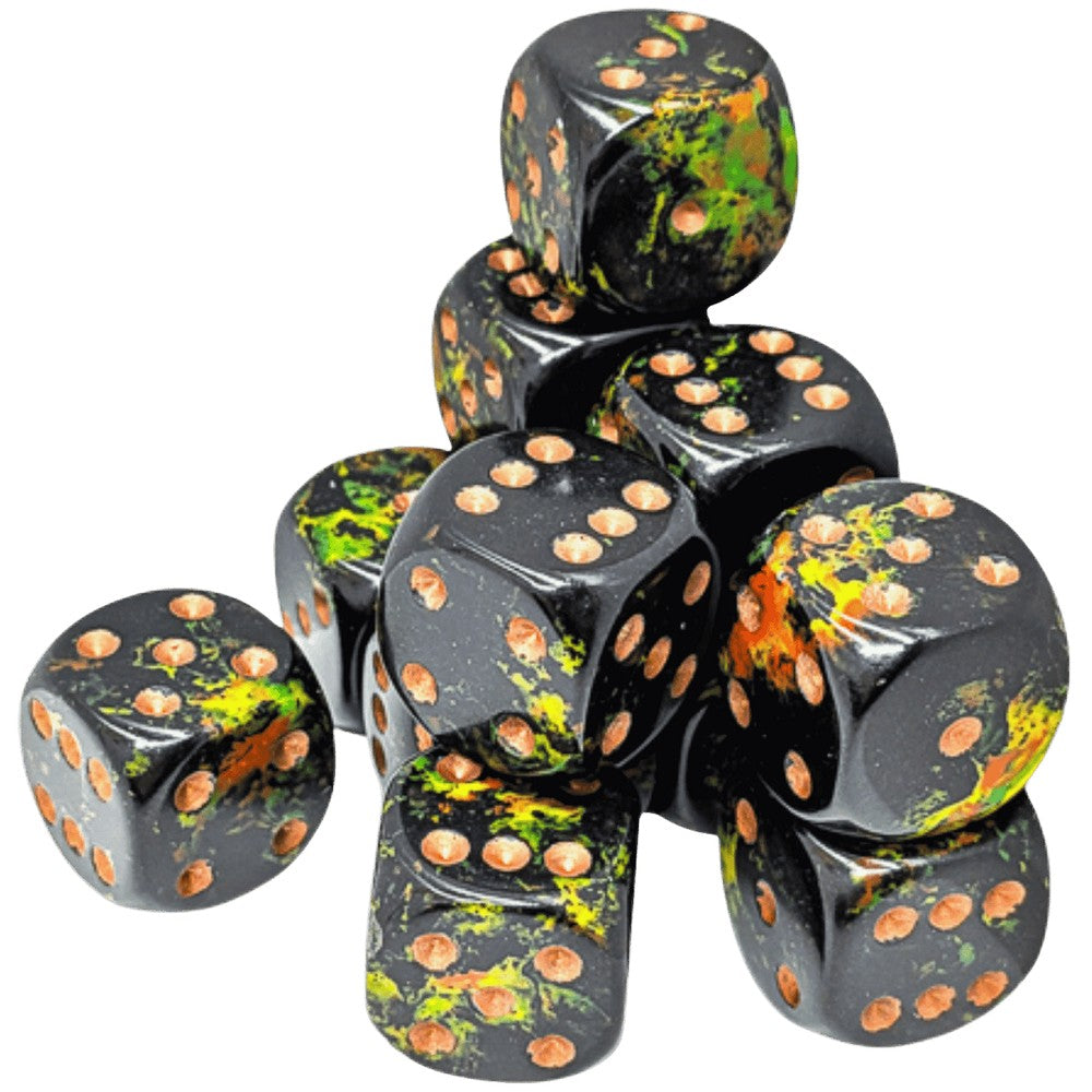 Chessex Brush Deep Forest/gold 16mm d6 Dice Block (12 dice) - CHX24605
