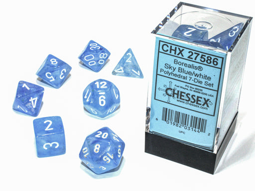 Chessex 27586 Borealis Polyhedral Sky Blue/white Luminary 7-Die Set (9004784779501)