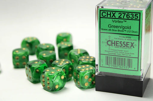 Chessex 27635 Signature 16mm d6 (12 Dice) Vortex Green/Gold (9003737022701)