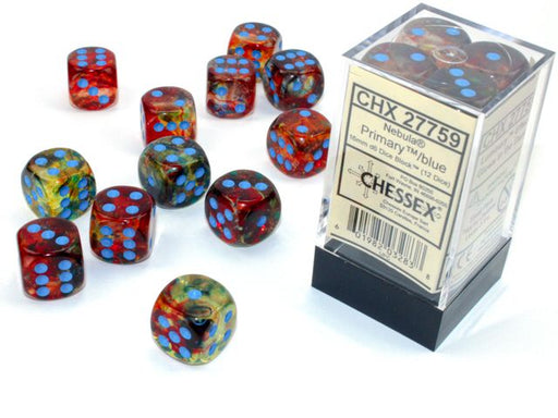 Chessex 27759 Nebula 16mm d6 Primary/blue Luminary Dice Block (12 dice) (9003745345773)
