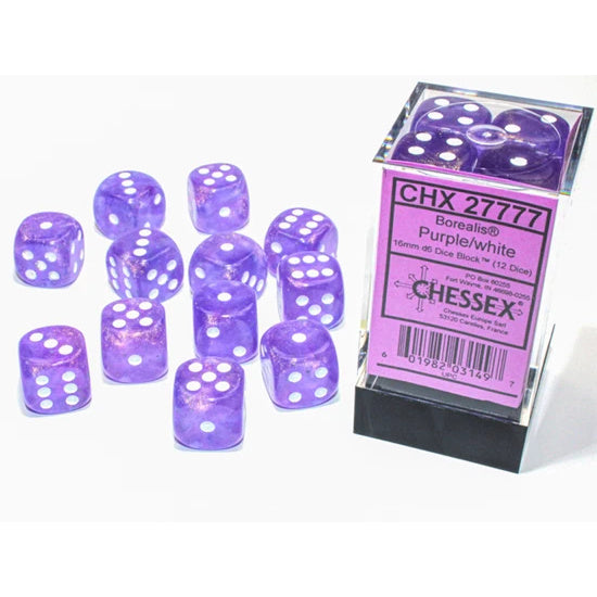 Chessex 27777 Borealis 16mm d6 Purple/white Luminary Dice Block (12 dice) (9003742429421)