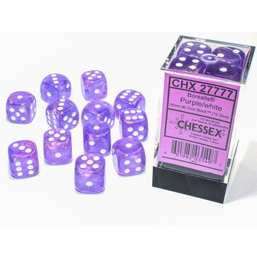 Chessex 27777 Borealis 16mm d6 Purple/white Luminary Dice Block (12 dice) (9003742429421)