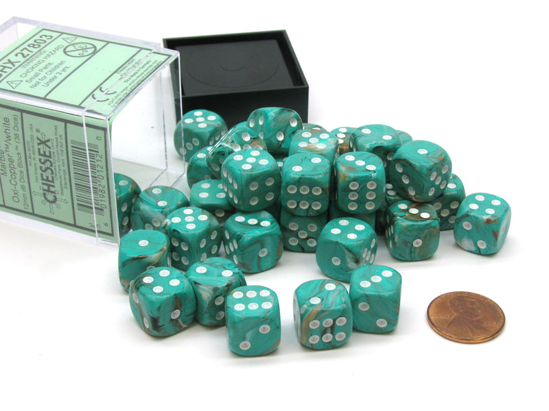 Chessex 27803 Marble 12mm d6 Oxi-Copper/white Dice Block (36 dice) (9003708612845)