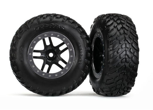 Traxxas 5889 - Tires & Wheels Glued Black Satin Chrome Beadlock Style (2) (4Wd F/R 2Wd Rear) (7622655901933)