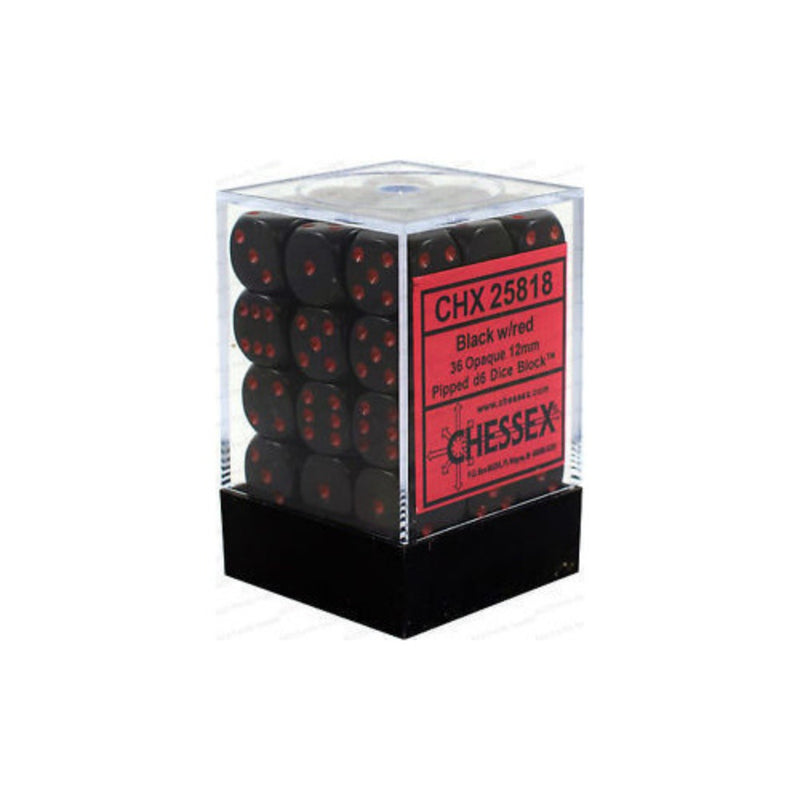 Chessex 25818 Opaque 12mm d6 Black/red Dice Block (36 dice) (9003721359597)