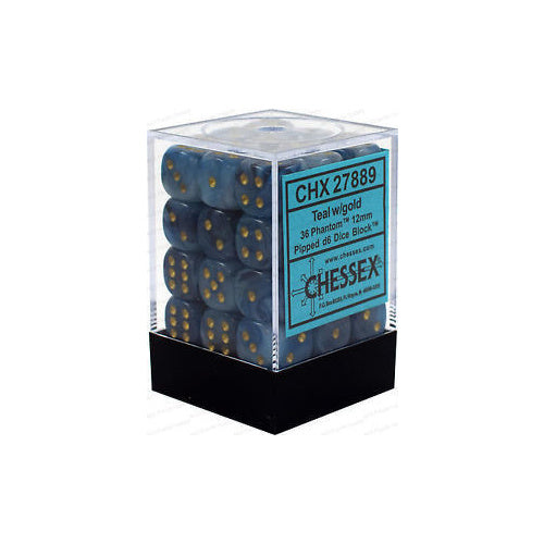 Chessex 27889 Phantom 12mm d6 Teal/gold Dice Block (36 dice) (9003740692717)