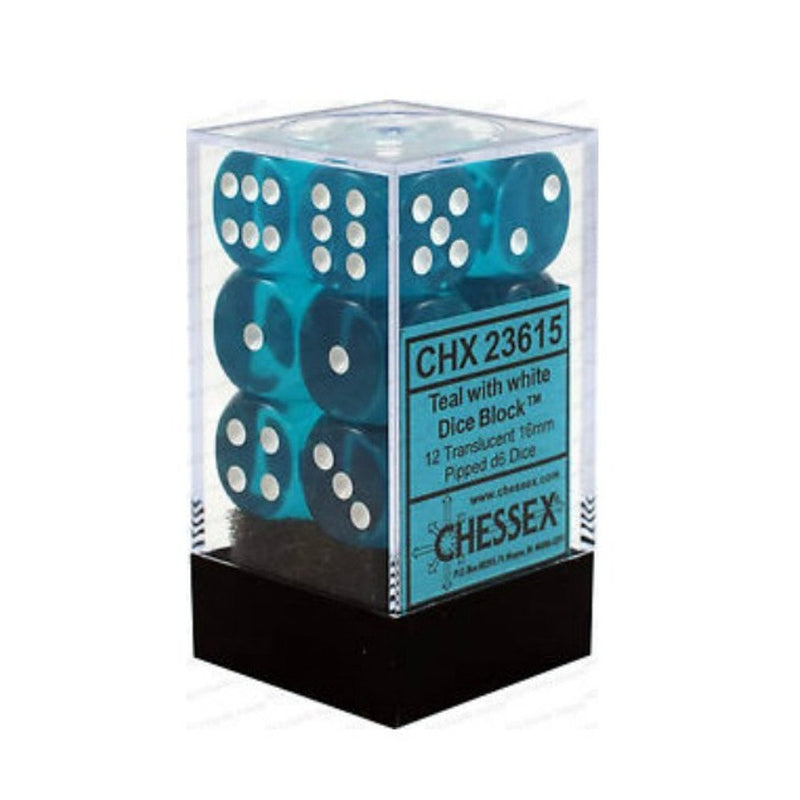 Chessex 23615 Translucent 16mm d6 Teal/white Dice Block (12 dice) (9003712643309)