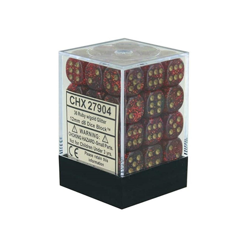 Chessex 27904 Glitter 12mm d6 Ruby/gold Dice Block (36 dice) (9003740987629)
