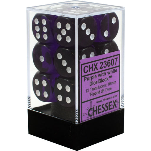 Chessex 23607 Translucent 16mm d6 Purple/white Dice Block (12 dice) (9003712348397)