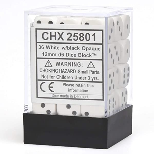 Chessex 25801 Opaque 12mm d6 White/black Dice Block (36 dice) (9003720409325)