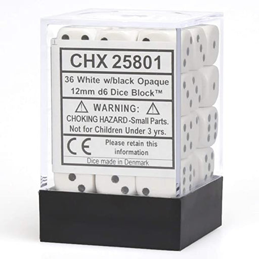 Chessex 25801 Opaque 12mm d6 White/black Dice Block (36 dice) (9003720409325)