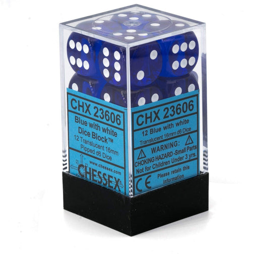 Chessex 23606 Translucent 16mm d6 Blue/white Dice Block (12 dice) (9003712250093)