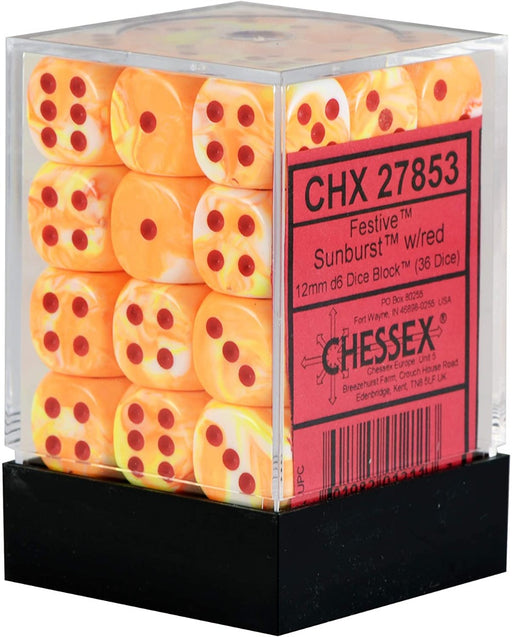 Chessex 27853 Festive 12mm d6 Sunburst/red Dice Block (36 dice) (9003708547309)