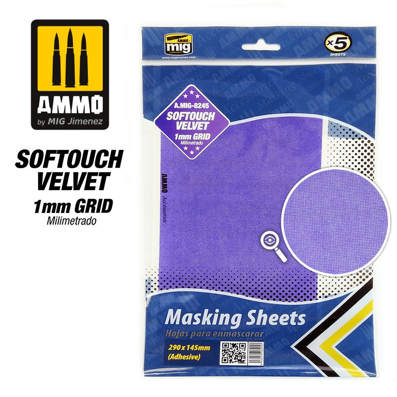 AMMO by Mig Jimenez 8245 SOFTOUCH VELVET Masking Sheet 1mm Grid 290x145