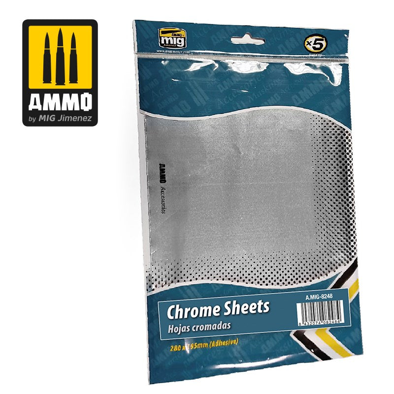 AMMO by Mig Jimenez A.MIG-8248 ADHESIVE CHROME SHEETS 280X195MM (5 PK) - Hobby City NZ