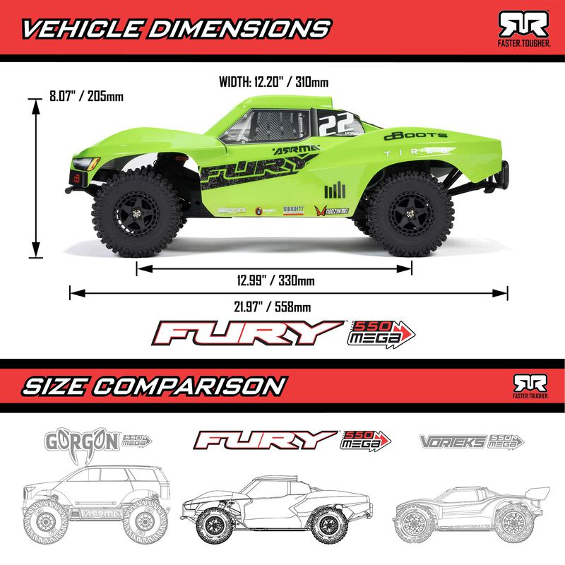 ARRMA ARA3221T1+SPMXPSS100 1/10 FURY MEGA 550 2WD Short Course Truck RTR, Green (Requires Battery and Charger)