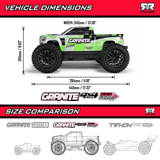 ARRMA ARA4202V4T1 1/10 GRANITE MEGA 665 4X4 RTR Brushed Monster Truck, Green (Requires Battery and Charger) (9250448900333)