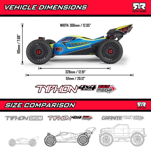 ARRMA ARA4206V4T1 1/8 TYPHON MEGA 665 4X4 RTR Brushed Buggy, Blue  (Requires Battery and Charger) (9250449162477)