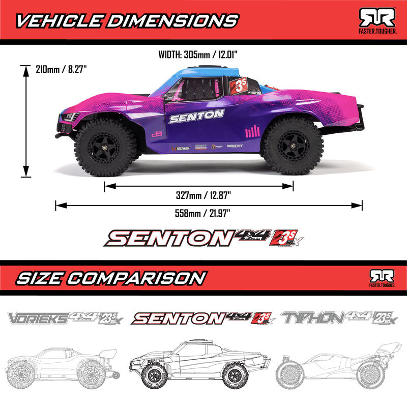 ARRMA ARA4303V4T2+GA5300-3S60-HC-EC5 1/10 SENTON 223S BLX Brushless 4X4 Short Course Truck RTR with DSC, Red