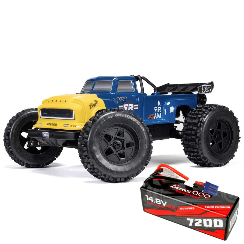 ARRMA ARA8611V6T2+GA7200-4S60-HC 1/8 NOTORIOUS 6S V6 4X4 BLX Brushless Stunt Truck RTR, Blue