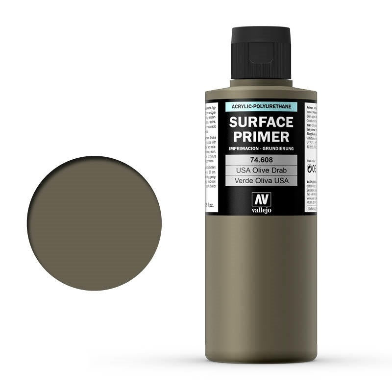 Vallejo AV74608 Surface Primer U.S. Olive Drab 200ml - Hobby City NZ (8938362601709)