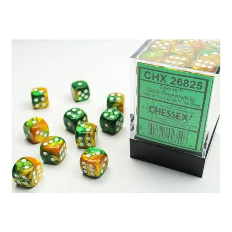 Chessex 26825 Gemini 12mm d6 (36 Dice) Gold-Green/white (9003728404717)