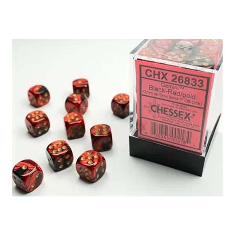 Chessex 26833 Chessex-Gemini 12mm d6(36 Dice) Black-Red/Gold (9003875107053)