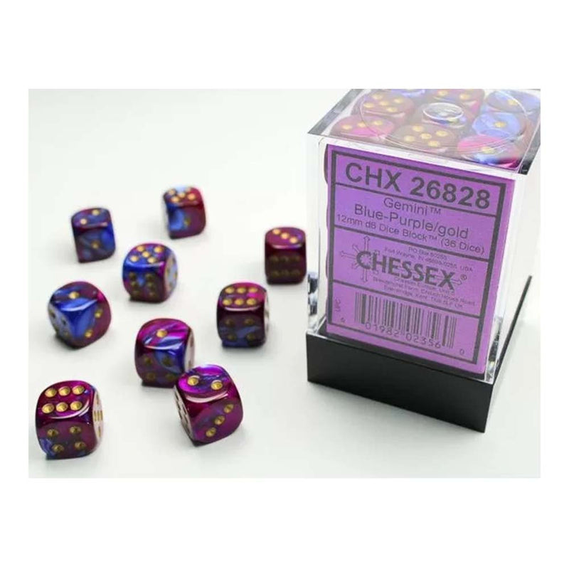 Chessex 26828 Chessex-Gemini 12mm d6(36 Dice) Blue-Purple/Gold (9003728568557)