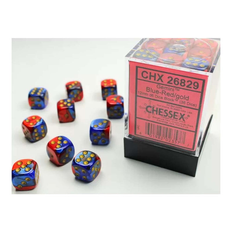 Chessex 26829 Chessex-Gemini 12mm d6(36 Dice) Blue-Red/Gold (9003728666861)