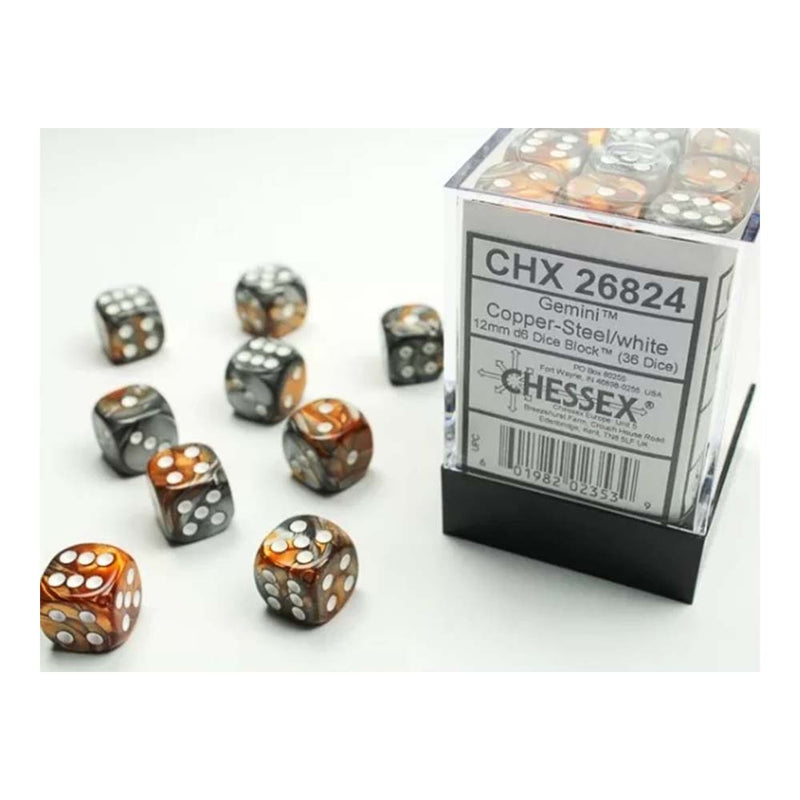 Chessex 26824 Chessex-Gemini 12mm d6(36 Dice) Copper-Steel/white (9003728306413)