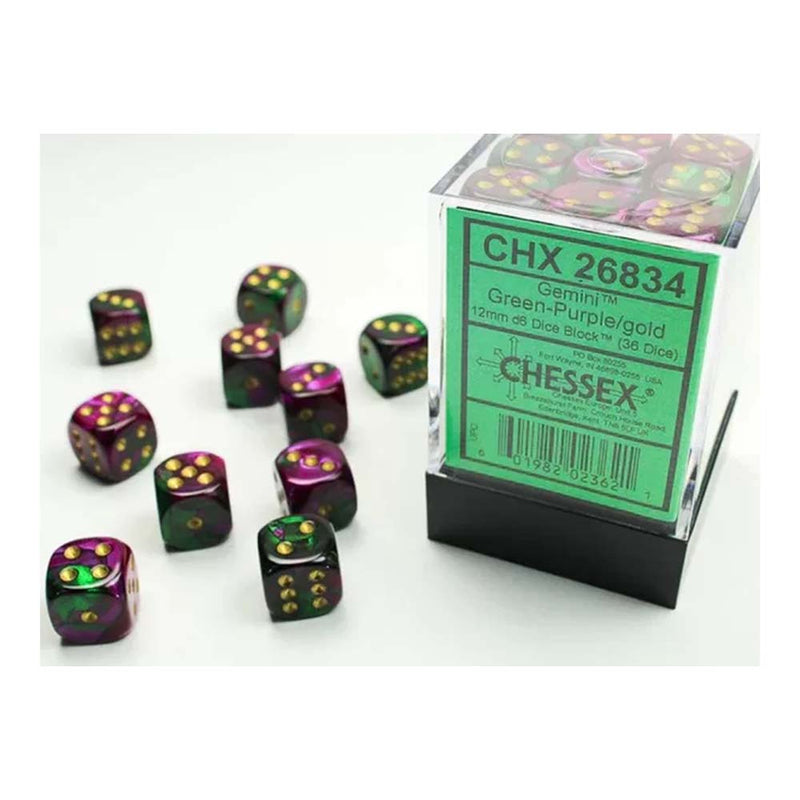 Chessex 26834 Chessex-Gemini 12mm d6(36 Dice) Green-Purple/Gold (9003728929005)