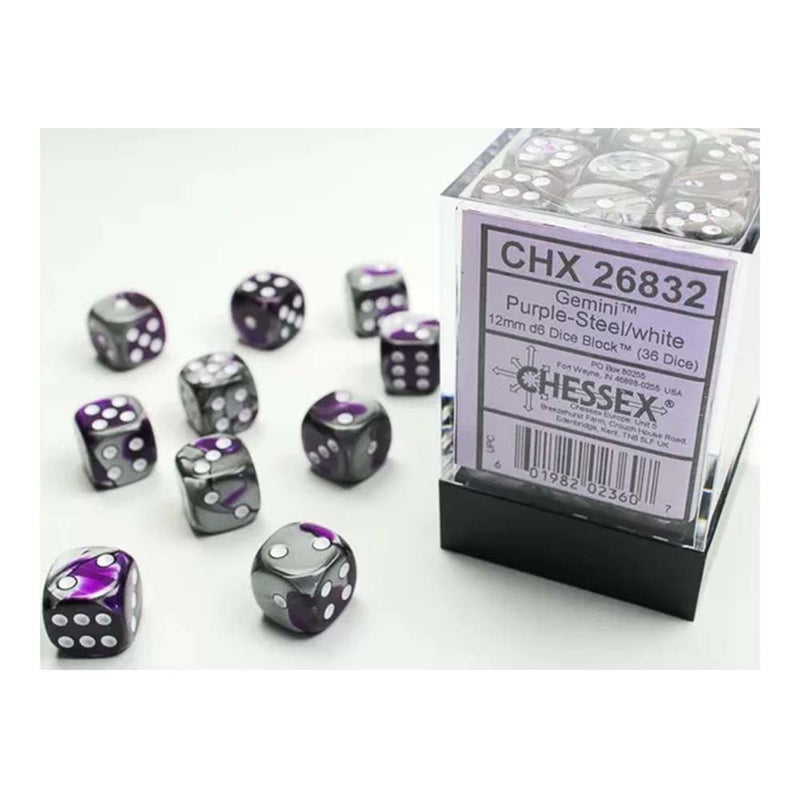 Chessex 26832 Chessex-Gemini 12mm d6(36 Dice) Purple-Steel/White (9003728830701)