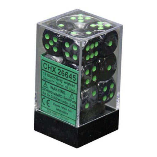 Chessex 26645 Gemini 16mm d6 (12 dice) Black-Grey/green (9003727388909)
