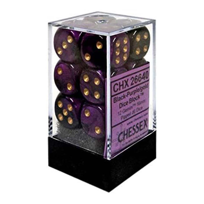 Chessex 26640 Gemini 16mm d6 (12 dice) Black-Purple/gold (9003727290605)
