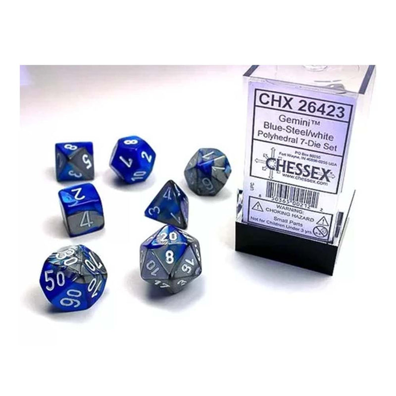 Chessex 26423 Gemini Polyhedral Blue-Steel/White 7-Die (9003874943213)