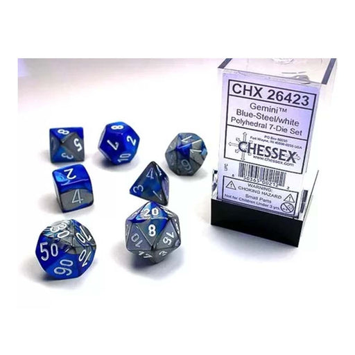 Chessex 26423 Gemini Polyhedral Blue-Steel/White 7-Die (9003874943213)