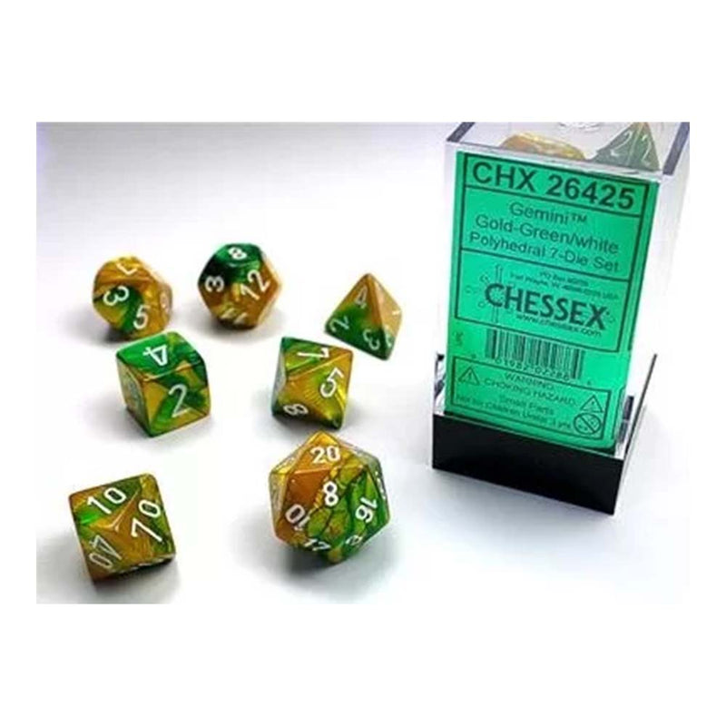 Chessex 26425 Gemini Polyhedral Dice Set Gold Green Wh (9003725619437)